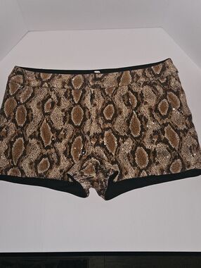 Nikibiki Brown Snakeskin Print Sequin Mini Shorts, Festival Cowboy Wear